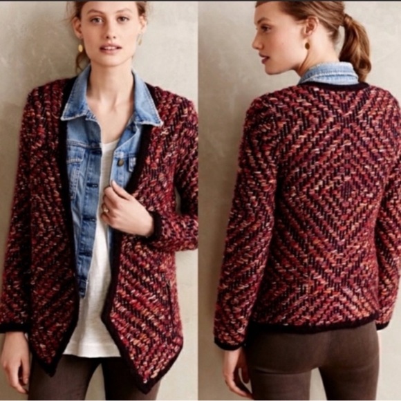 Anthropologie MOTH Keavy Cotton Wool Blend Knit Tweed Chunky Open Front Cardigan - Picture 3 of 12